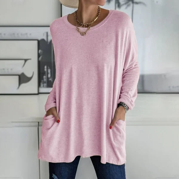 Round Neck Long Sleeve Pocket Solid T-Shirt